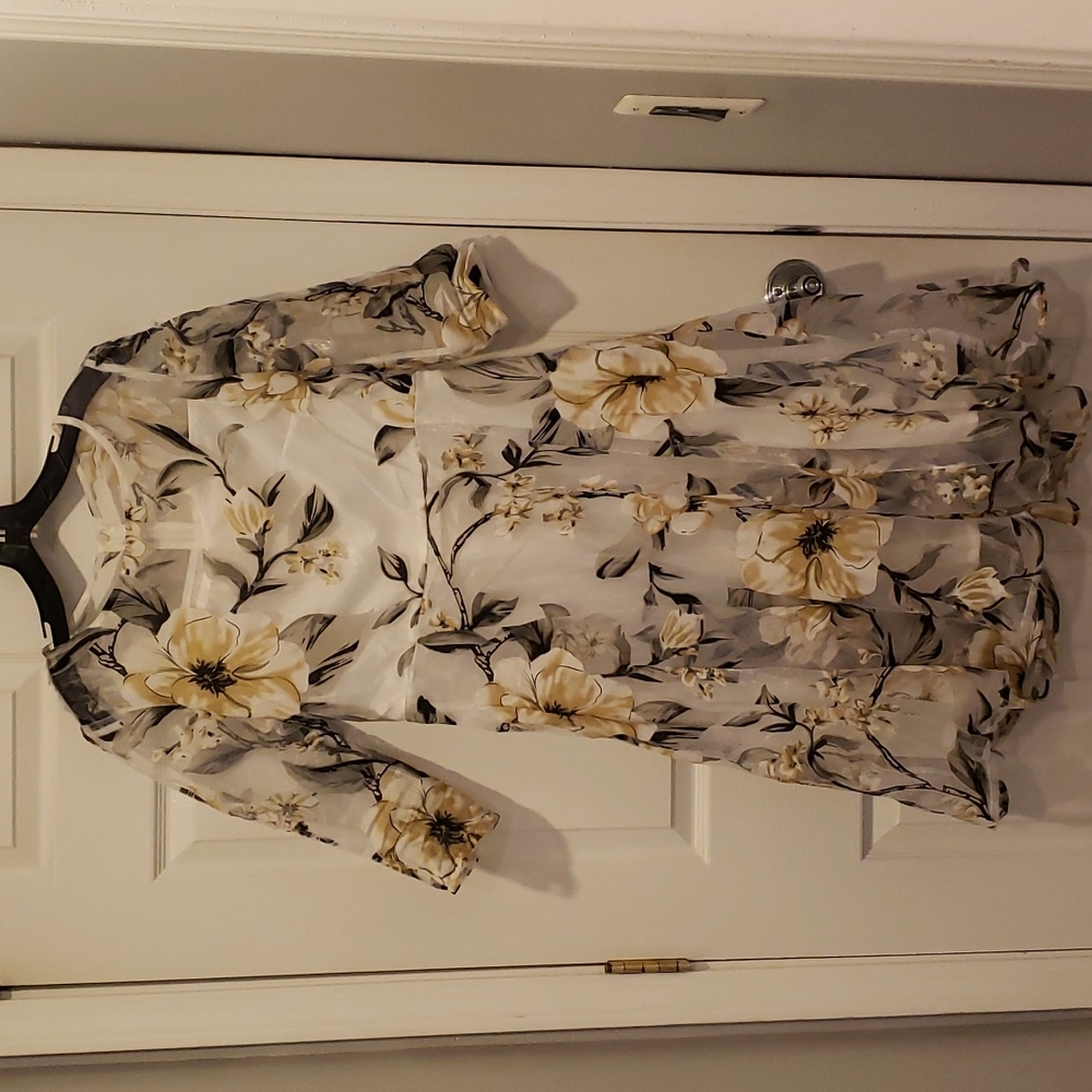 Floral White, Gold, and Black Organza Dress Size S